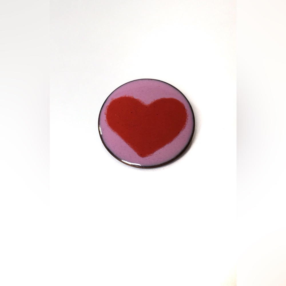 Vintage Enamel On Copper Pink Red Round Brooch Heart 1.75” Diameter